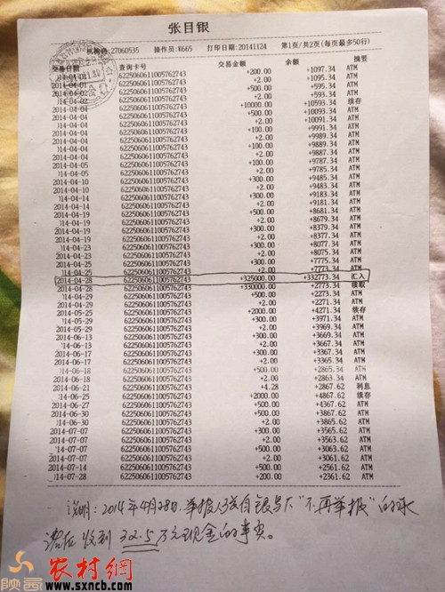 2014年4月28日,舉報人張自銀寫下“不再舉報”的承諾后收到32.5萬元現金